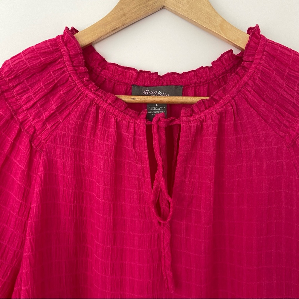 OLIVIA & MARTIN BRIGHT PINK TOP/BLOUSE WITH RUFFLE DETAILS, TIE NECKLINE, LARGE - Picture 3 of 11